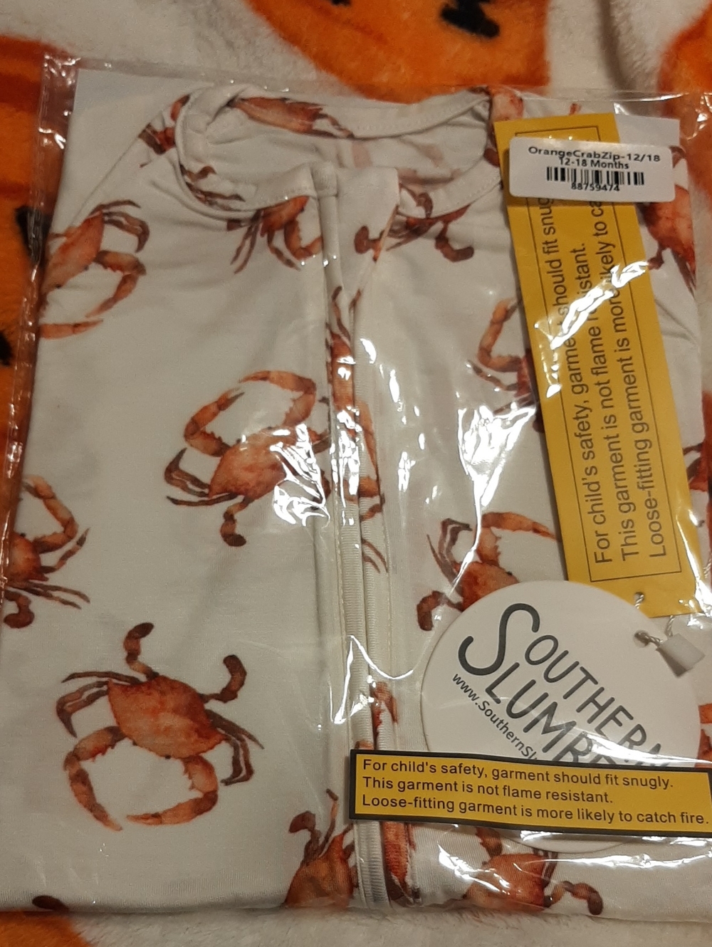 Southern Slumber Crab Bamboo Zip Front Baby Sleeper 12/18 MTHS, NEW